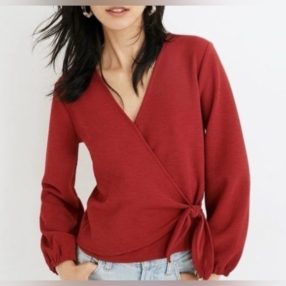 Madewell Texture & Thread Crimson Red Crepe Wrap Top Size L Long Balloon Sleeve - Picture 1 of 10